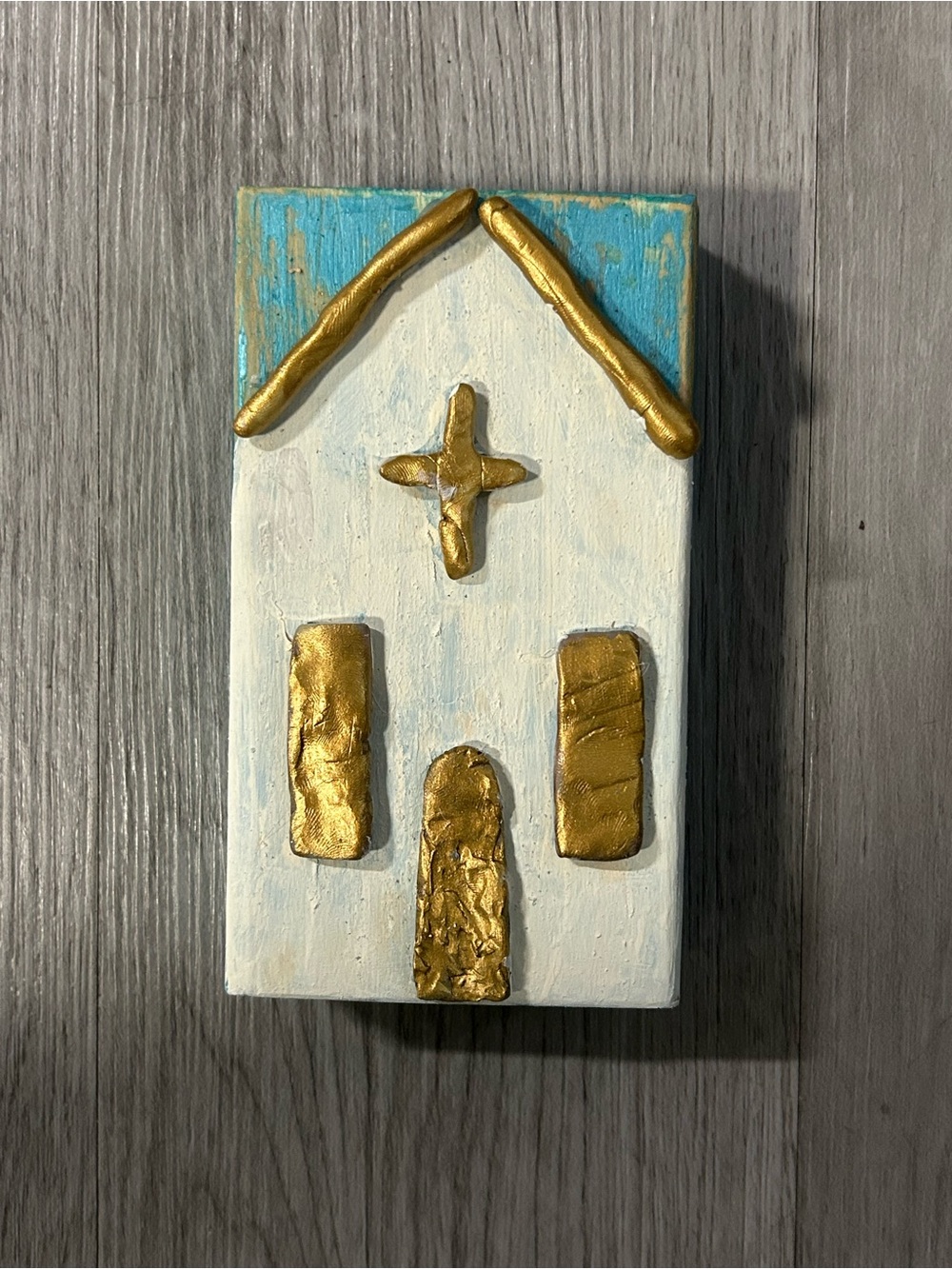 Handcrafted Distressed White and Teal Wood Block Church with Gold Home Decor